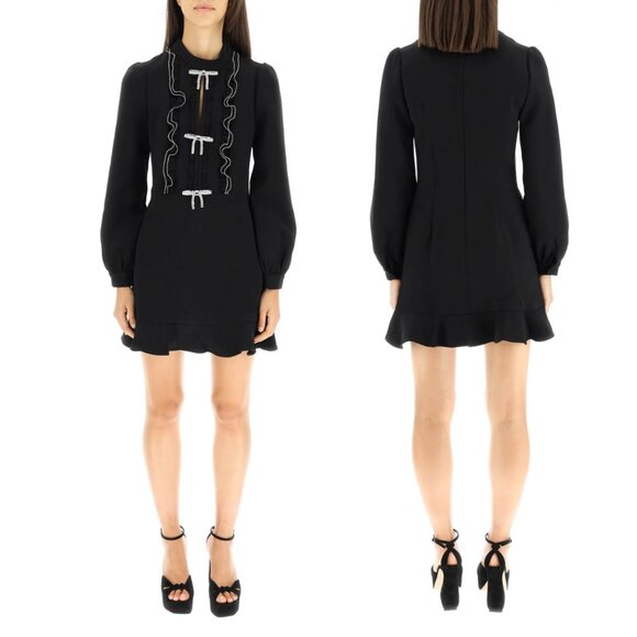NWT Self-Portrait Ruffled Bib Mini Dress Black Crepe Crystal Trim & Bow Details - Picture 2 of 10